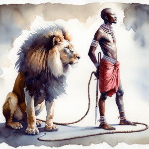 Image of a traditional massai with a wild lion